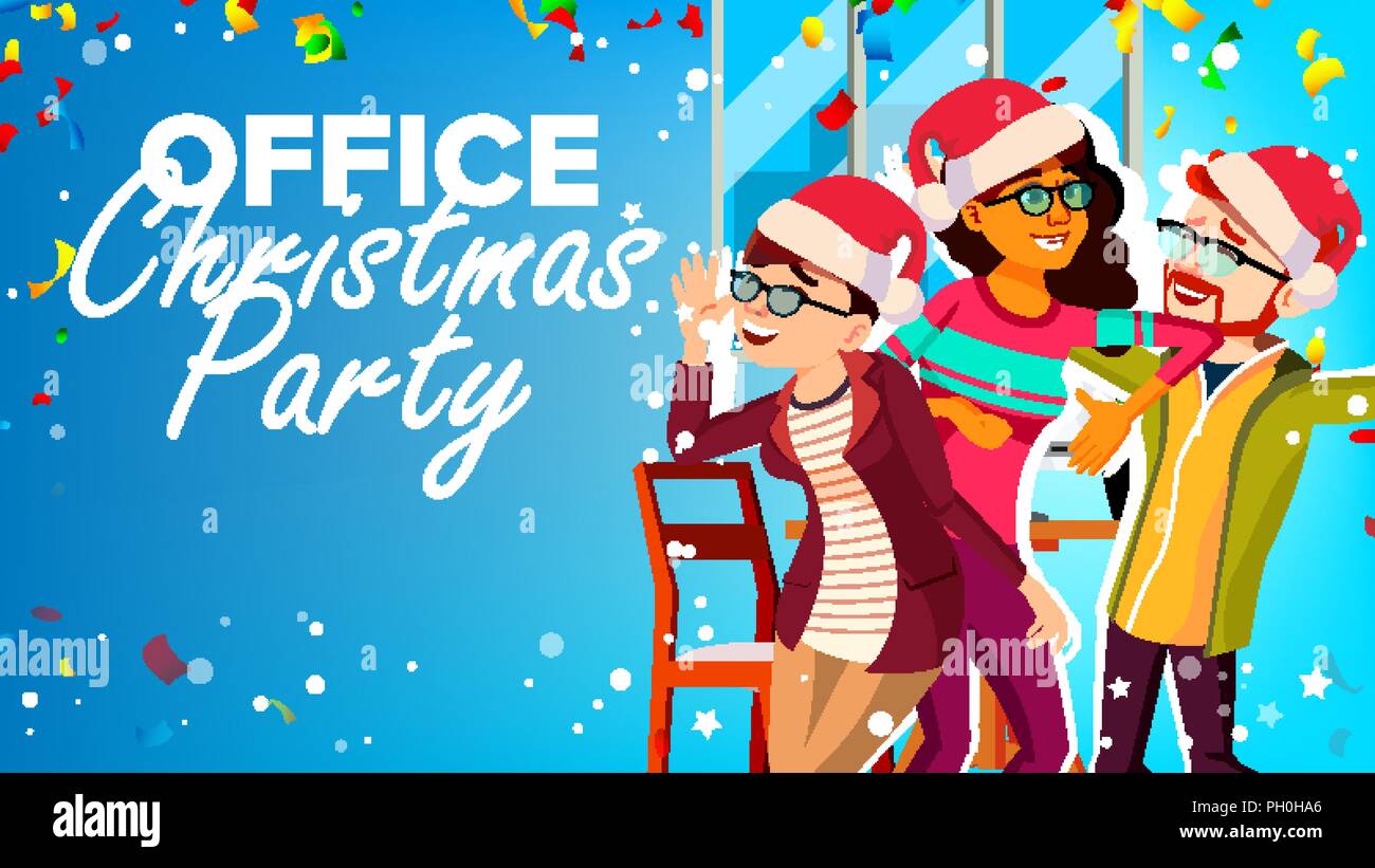 Christmas Party In Office Vector. New Year s Hats. Having Fun. Happy Business People. Cartoon Illustration Stock Vector