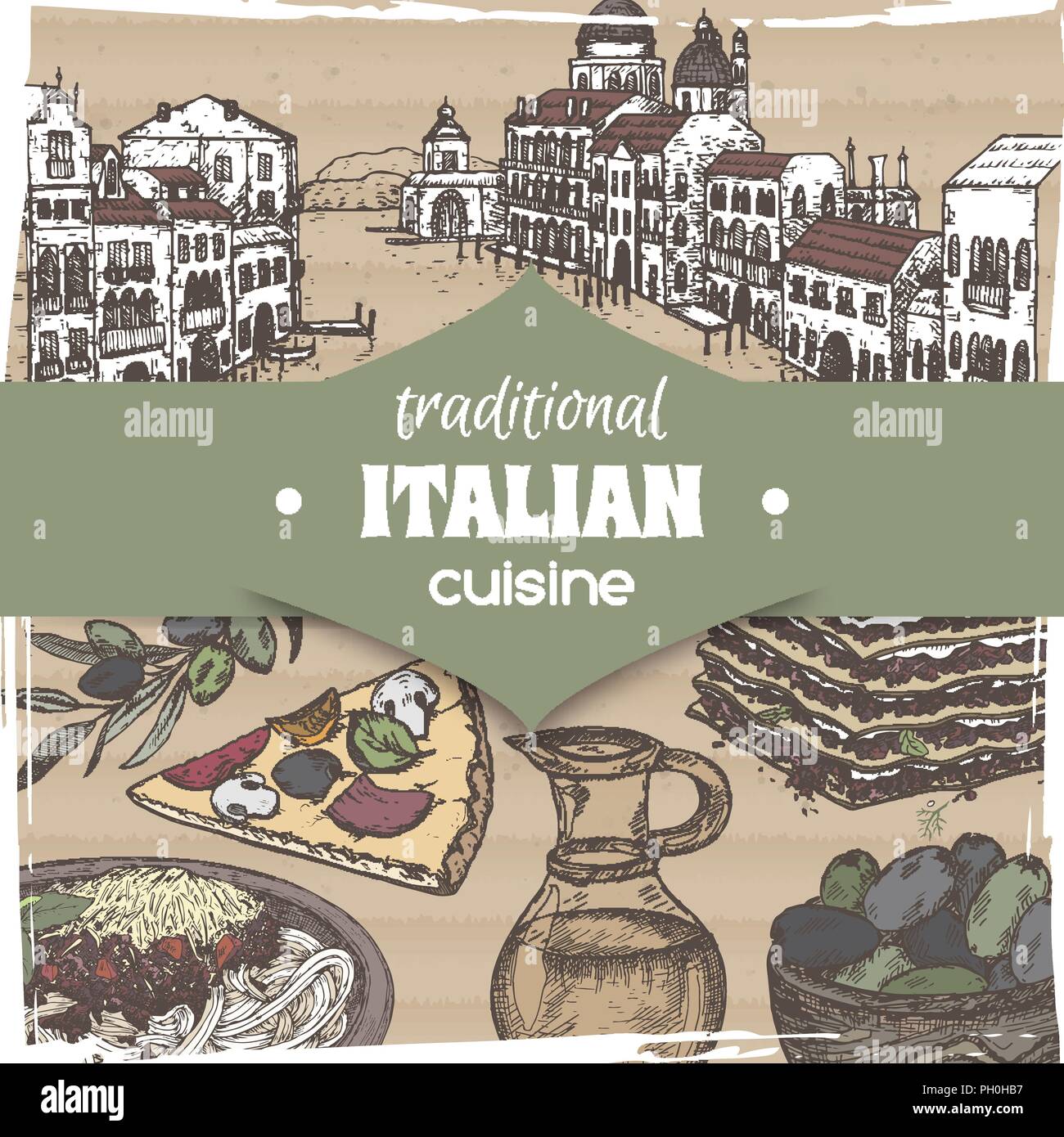 Vintage template with Venice landscape and color Italian cuisine dishes. Stock Vector