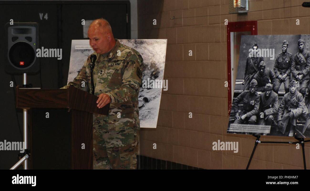 Maj. Gen. Raymond Shields, commander of the New York Army National Guard, speaks during an Army birthday ceremony at the New York National Guard Headquarters in Latham, N.Y. on June 14, 2018. New York Army National Guard members celebrated the 243rd birthday of the United States Army. Stock Photo