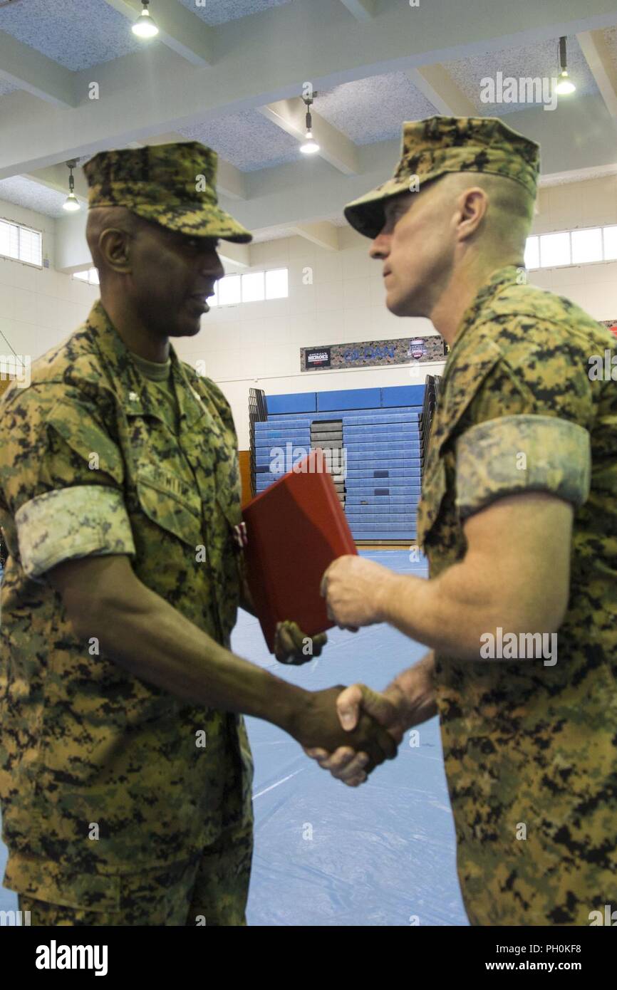 MARINE CORPS AIR STATION FUTENMA, OKINAWA, Japan – Marine Lt. Col. Fred Ingo (Left) shakes hands with Lt. Col. Harold Dowling (Right)  June 14, Marine Corps Air Station Futenma, Okinawa, Japan. Marines with Marine Tactical Air Command Squadron 18 conduct a change of command ceremony for Lt Col. Ingo and Lt Col. Dowling. Ingo has served 2 years with MTACS-18. Stock Photo