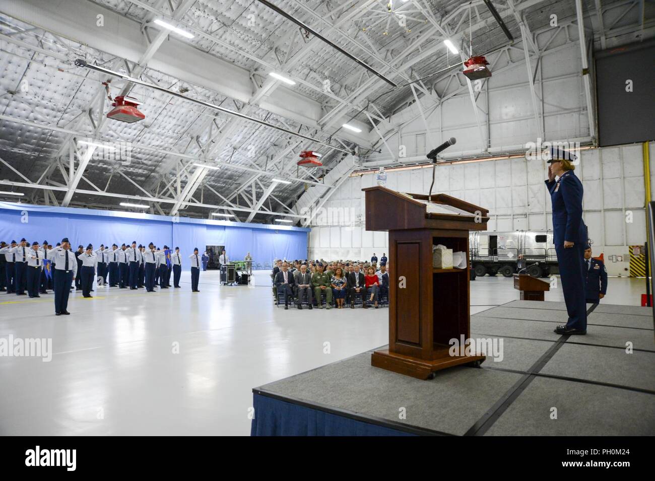 Col. Rebecca Sonkiss, 89th Airlift Wing commander receives her first salute from Airmen assigned to the 89th AW, June 15, 2018 during a change of command ceremony at Joint Base Andrews, Md. Sonkiss assumed command of the 89th AW from Col. Casey Eaton. Sonkiss is a command pilot with more than 4,200 hours in the T-37B, T-44, EC-130/H, RQ-1A/B, C-130J and C-17 aircraft. She has 24 years of active-duty service and arrived at JBA from Joint Base Lewis-McCord, Wash. where she was the 62nd Airlift Wing commander. Stock Photo