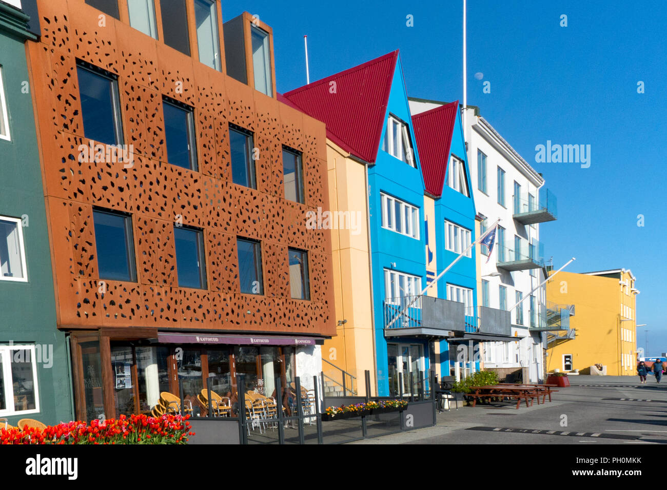 Row of old houses in the harbour of Thorshavn Faeroe Islands, Denmark Stock Photo