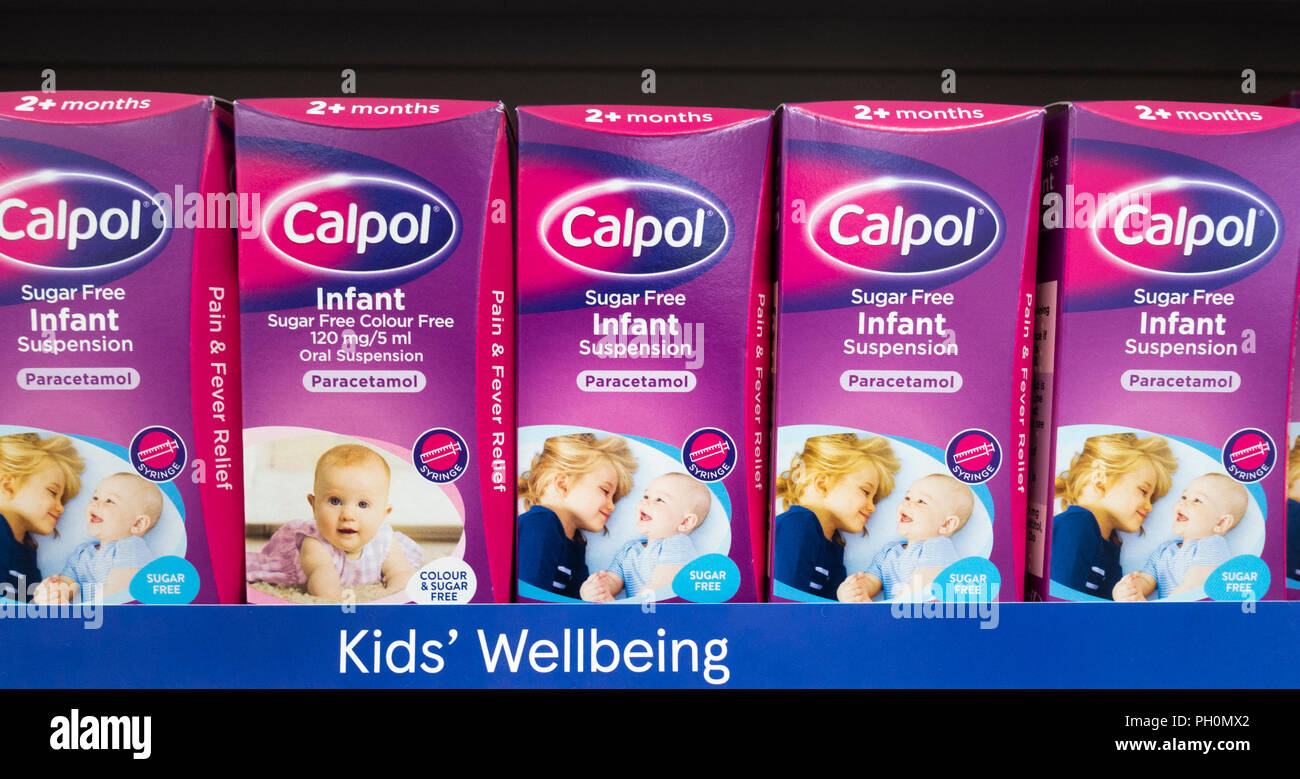 Sugar free Calpol on UK supermaket shelf. Stock Photo