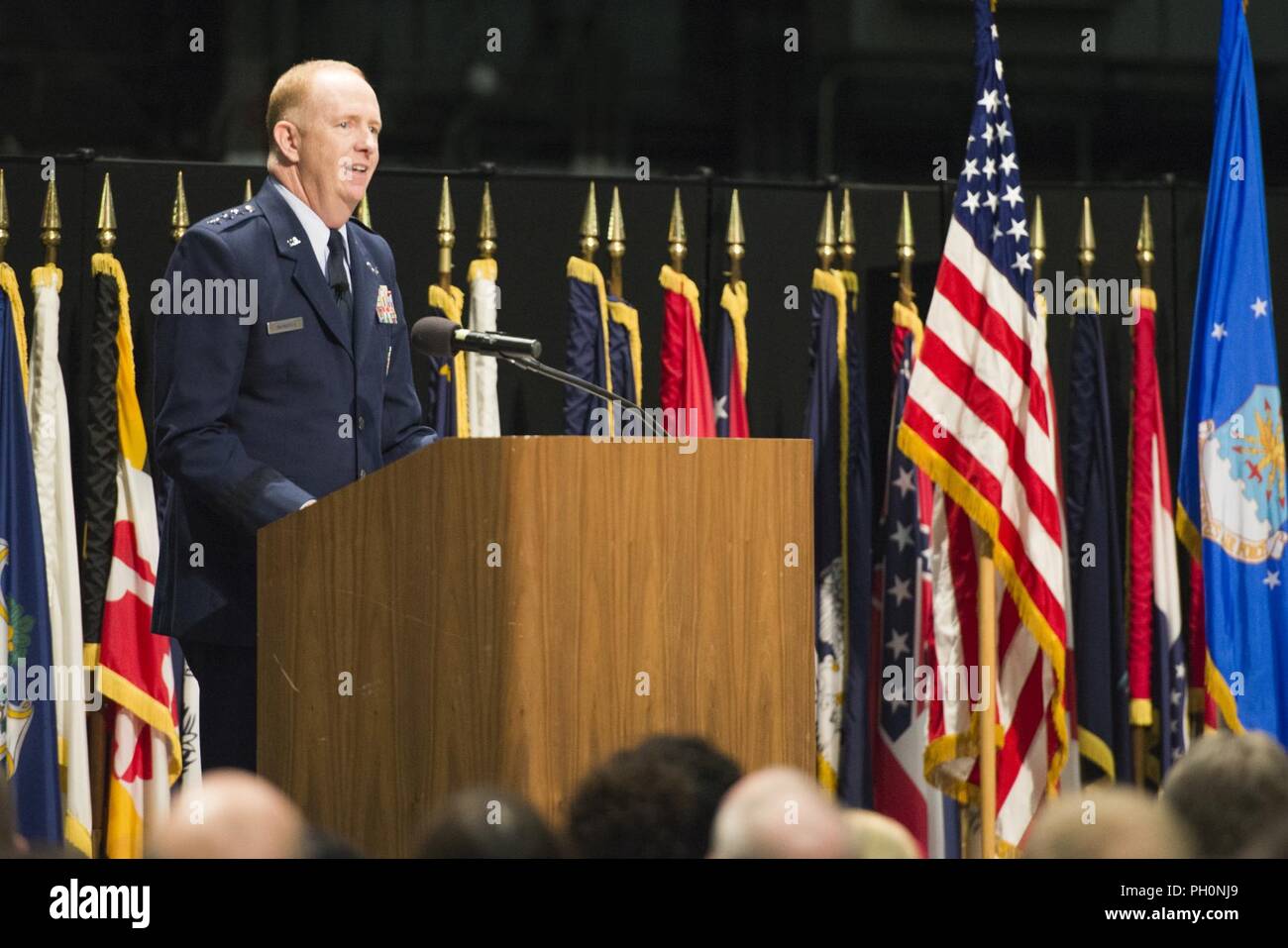 Lt. Gen. Robert McMurry, Air Force Life Cycle Management Center commander, delivers remarks during a change of command ceremony for the 88th Air Base Wing inside the National Museum of the United States Air Force at Wright-Patterson Air Force Base, Ohio, June 19, 2018. During the ceremony Col. Bradley McDonald relinquished command of the 88th Air Base Wing and was replaced by Col. Thomas Sherman. Stock Photo