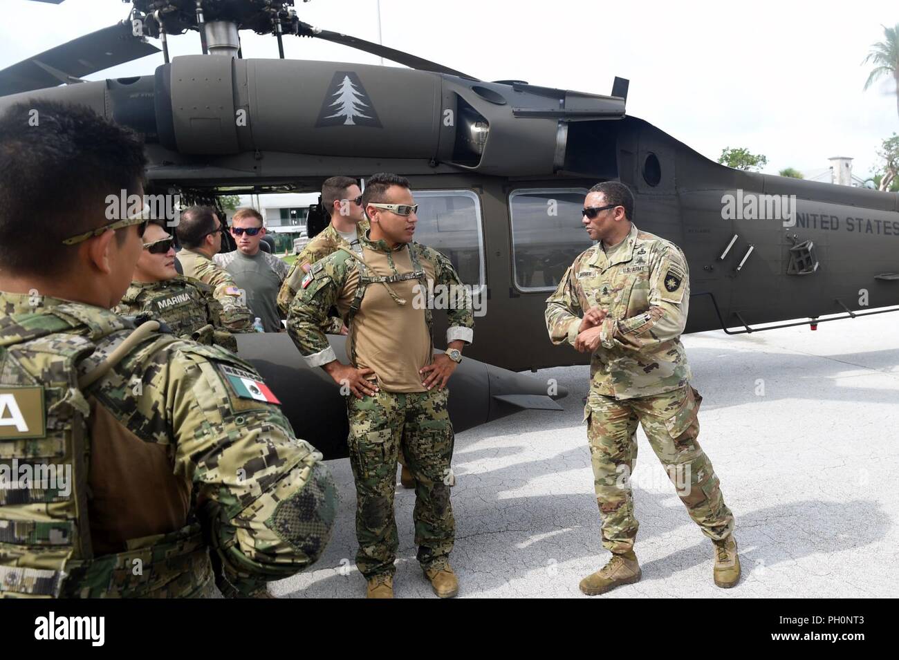 Bahamas (June 17, 2018) U.S. Army Sgt. Maj. Jerome Misher (right), assigned to Special Operations Command North, talks about static training and flight operations with Mexican Marines during a UH-60 Blackhawk helicopter during a familiarization and cold-load training event on board the Royal Bahamas Defence Force’s Coral Harbour Base as part of Tradewinds 2018. Tradewinds is a U.S. Southern Command sponsored exercise that provides participating Caribbean nations the opportunity to improve security and disaster response capabilities. This year’s focus is on countering transnational organized cr Stock Photo