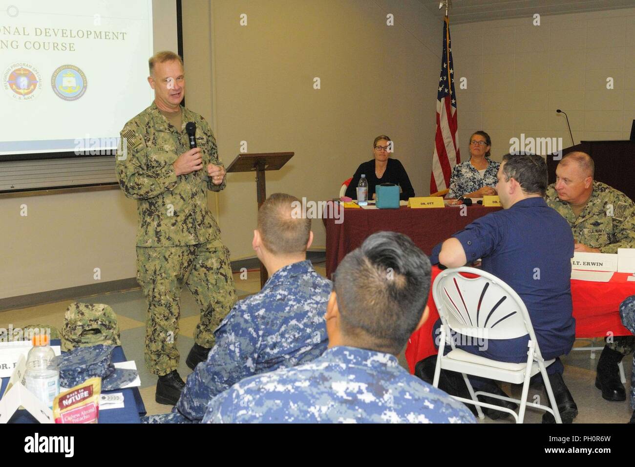 180619-N-GA223-1046  Rear Adm. Phillip “Endel” Lee, Jr., deputy chief of chaplains for reserve matters with the U.S. Navy Chief of Chaplains Office, addresses Navy and Marine Corps chaplains and religious program specialists attending a Professional Development Training Workshop hosted at the Seabee Memorial Chapel June 18-21, 2018, at Naval Construction Battalion Center (NCBC) Gulfport, Miss. This annual workshop addresses topics designed to help chaplains minister to and provide better care for the military population and their families. (U.S. Navy photo by Ryan Labadens/Released) Stock Photo