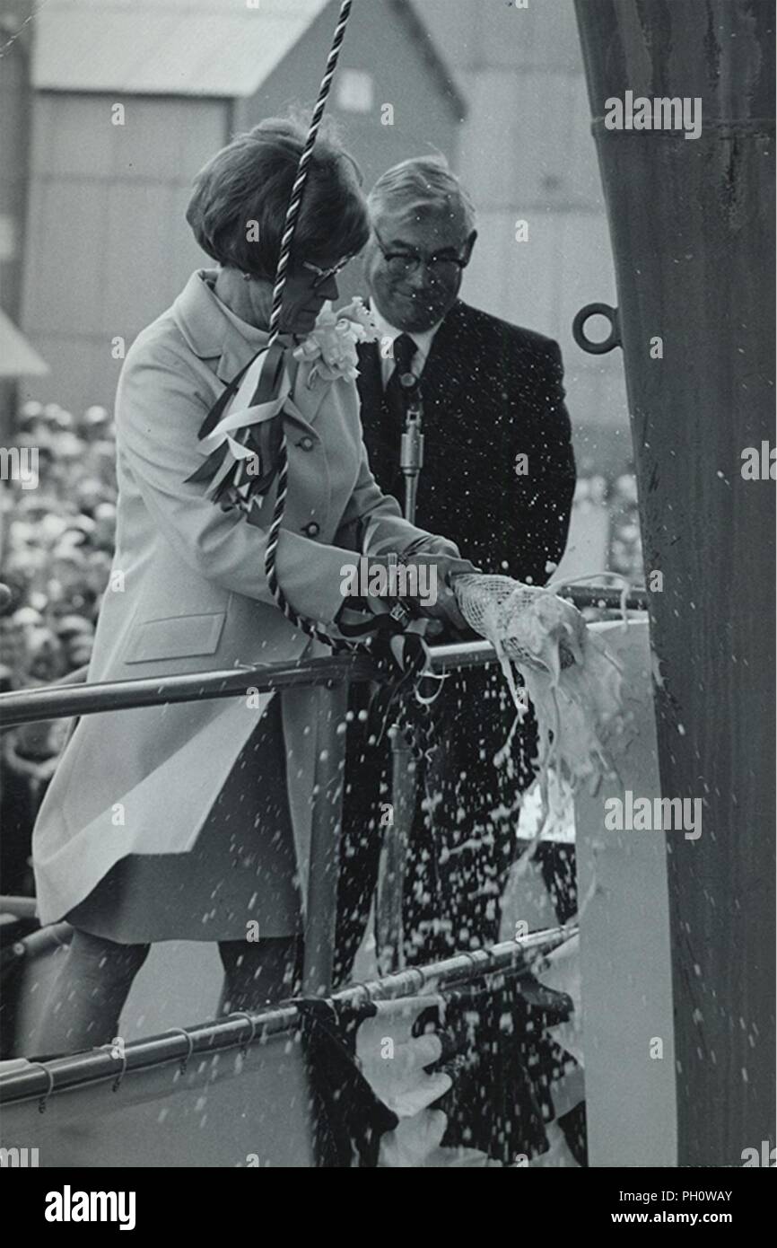 Adm. Nimitz' daughter, Catherine, breaks a bottle of champagne to christen the ship on May 13, 1972. Stock Photo