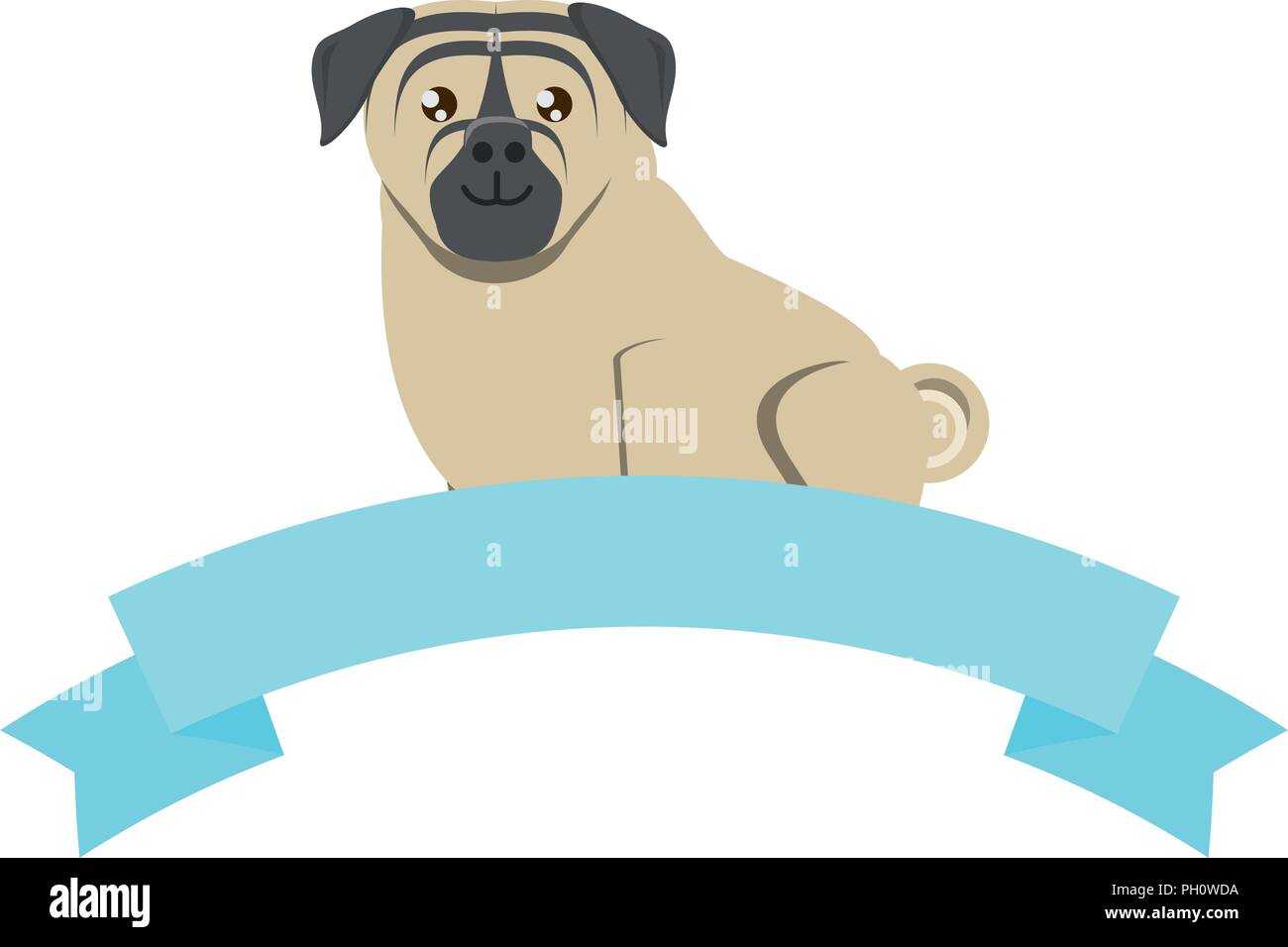 decorative ribbon with cute pug dog icon over white background, vector ...