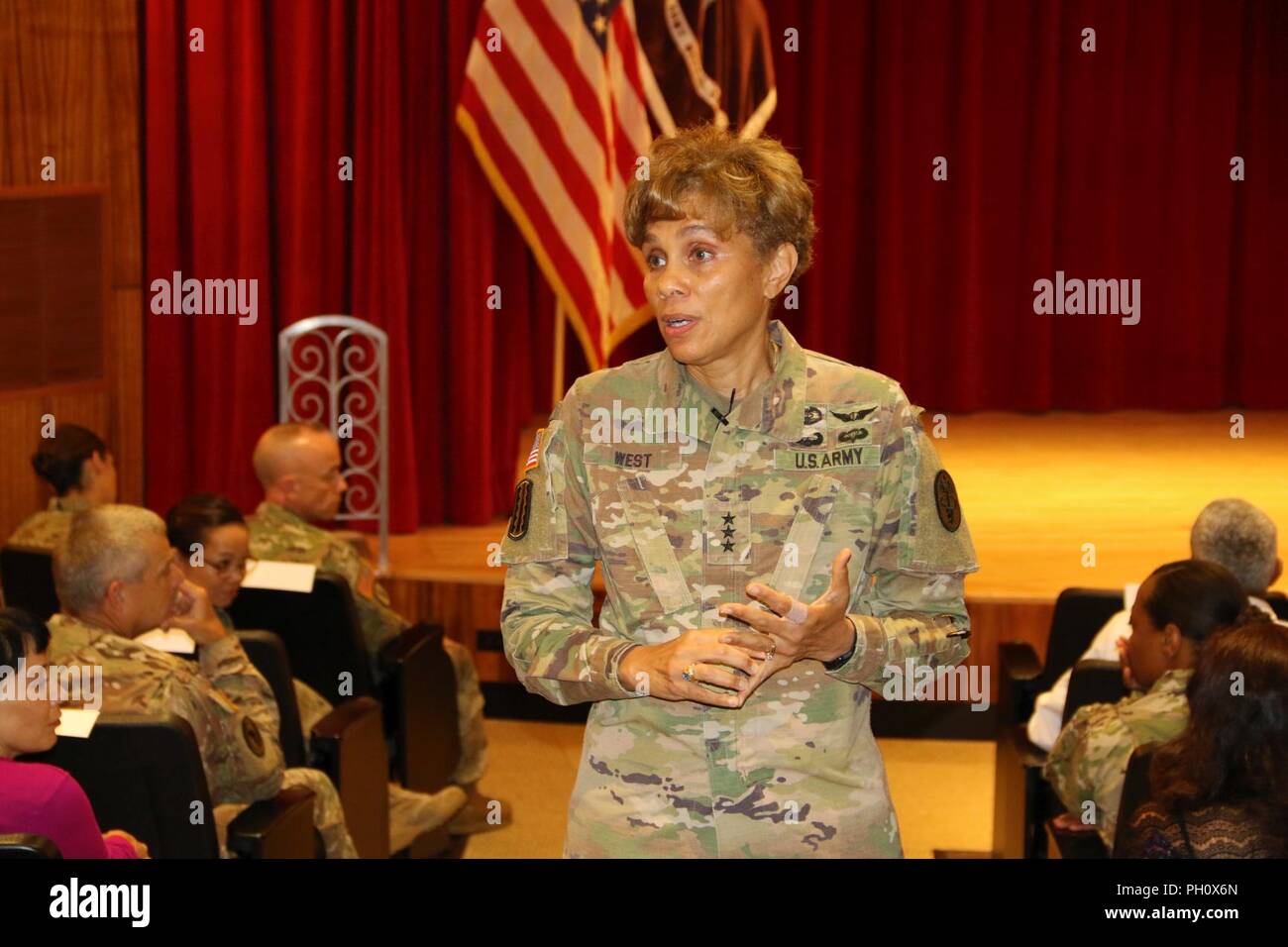 HONOLULU, Hawaii (June 21, 2018) -- The Army Surgeon General and U.S. Army Medical Command (MEDCOM) Commanding General, Lt. Gen. Nadja West spoke to Regional Health Command-Pacific (RHC-P) staff members and beneficiaries during a town hall session at the Tripler Army Medical Center Kaiser Auditorium. During the forum, West highlighted Army Medicine’s commitment to delivering safe, high-reliability care for patients and focus on ensuring medical readiness in support of the warfighter. Stock Photo