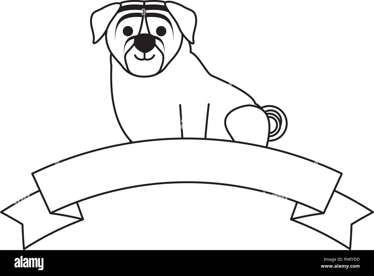 decorative ribbon with cute pug dog icon over white background, vector ...