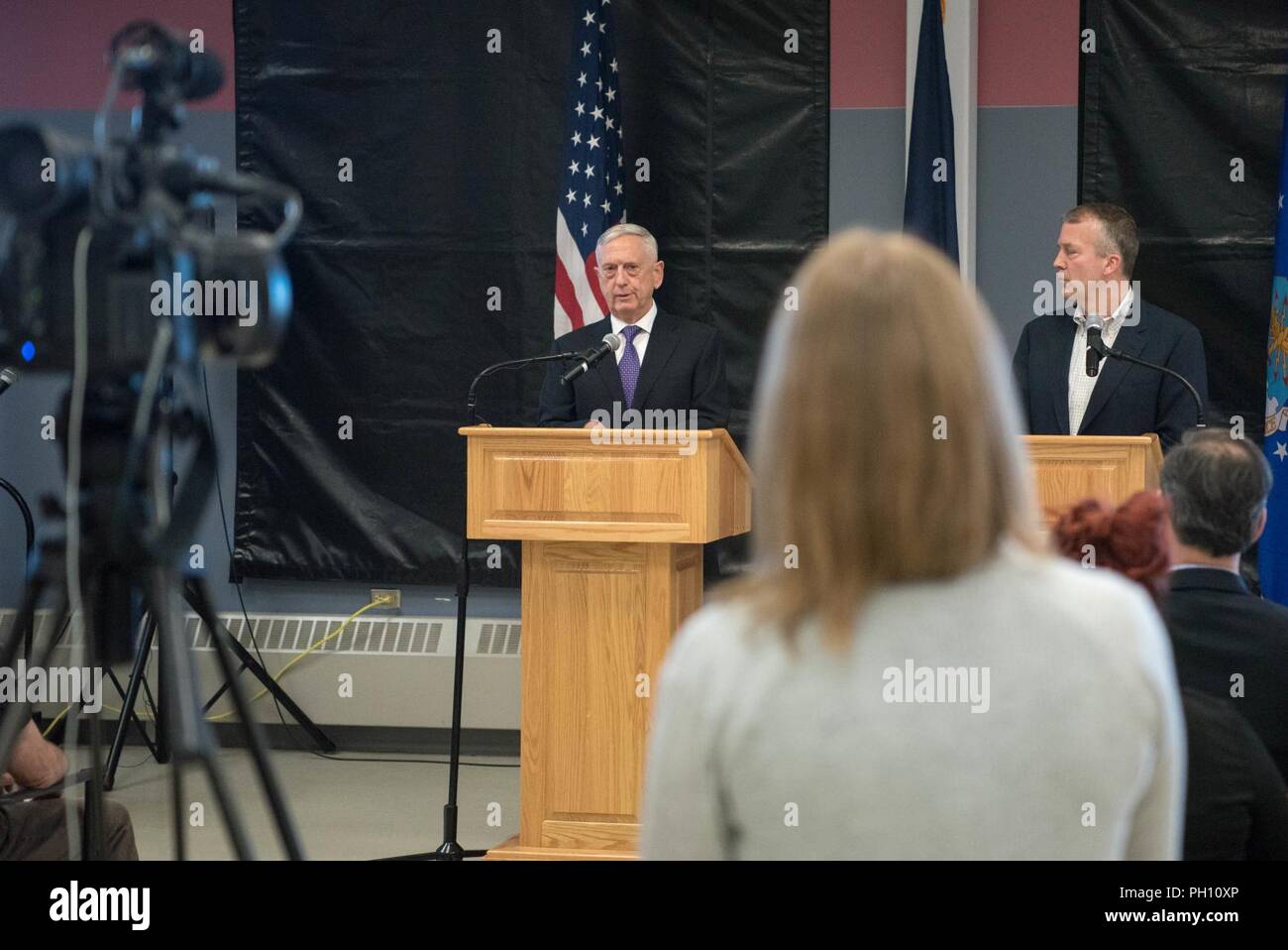 U.S. Secretary of Defense James N. Mattis and Sen. Dan Sullivan (R-AK), a majority member of the Senate Armed Services Committee, hold a joint press conference before departing Fairbanks, Alaska, June 24, 2018. Stock Photo