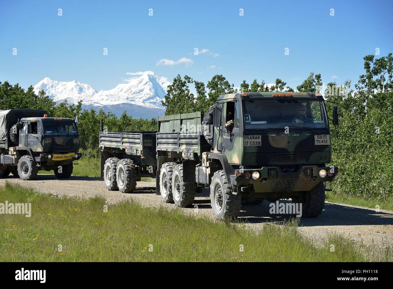 Transportation specialists from U.S. Army Alaska’s 17th Combat Sustainment Support Battalion move personnel and equipment in the Donnelly Training Area near Fort Greely as part of exercise Arctic Aurora, June 20, 2018. Arctic Aurora is a yearly bilateral training exercise involving elements of U.S. Army Alaska and the Japanese Ground Self-Defense Force, which focuses on strengthening ties between the two by executing combined small unit airborne proficiency operations and basic small arms marksmanship with a focus on combat readiness and interoperability between the two military forces. Stock Photo