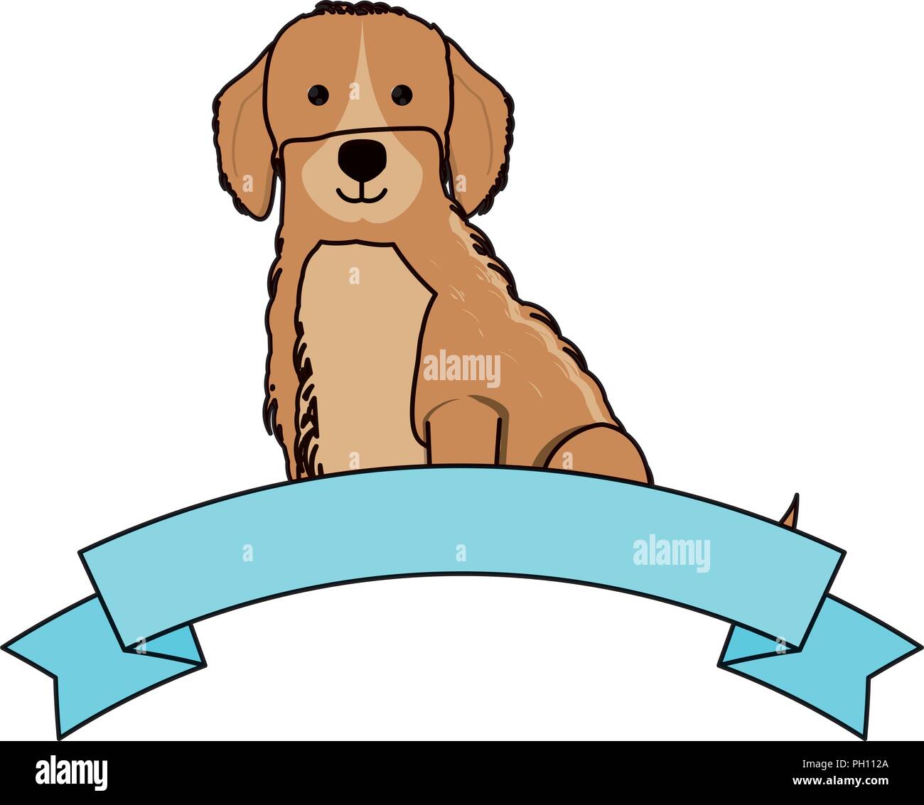 decorative ribbon with cute golden retriever dog icon over white ...
