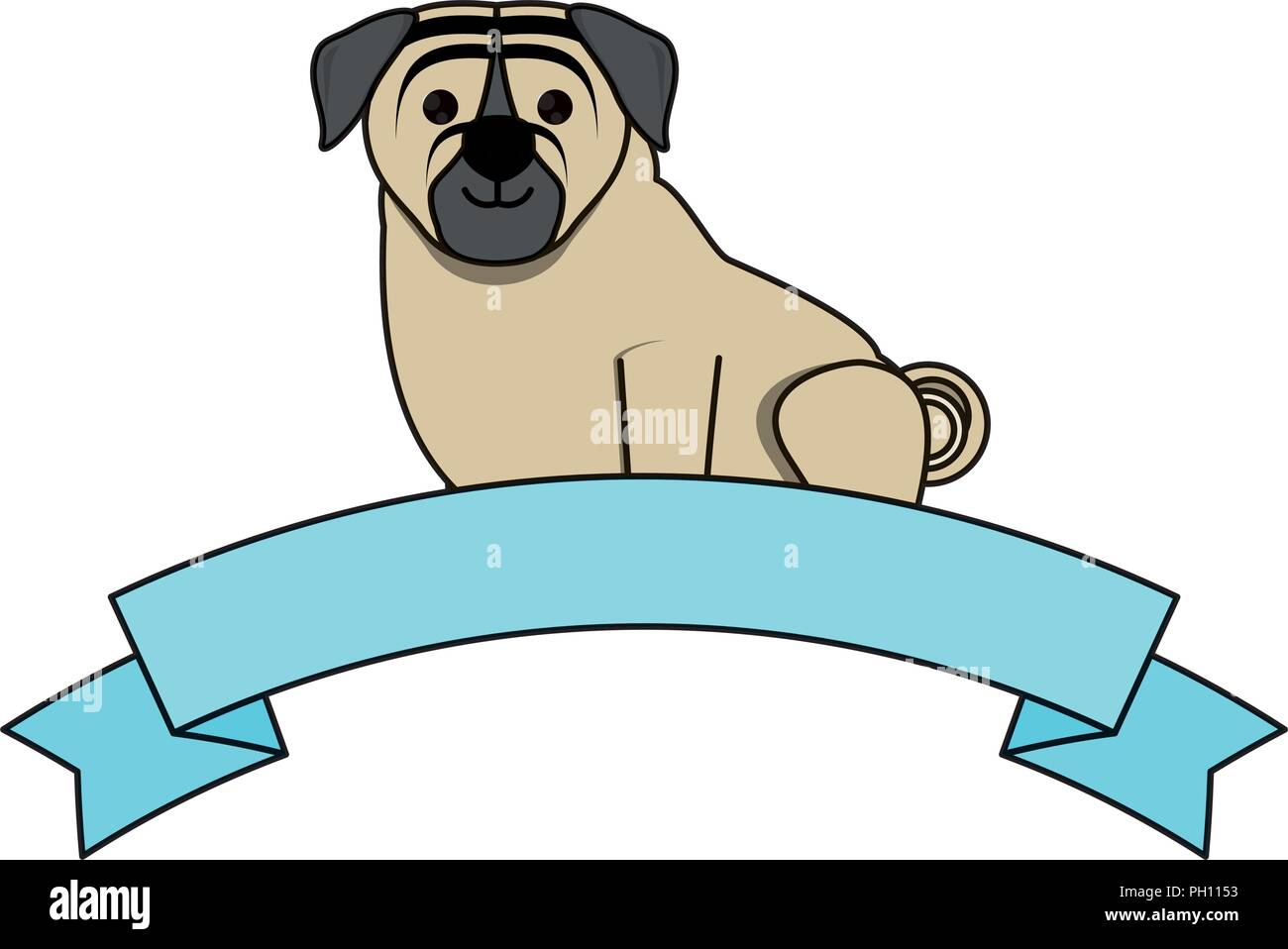 decorative ribbon with cute pug dog icon over white background, vector ...