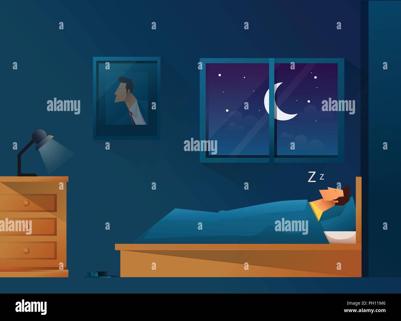 Man sleeps at night in bed. Room with a window at night Stock Vector