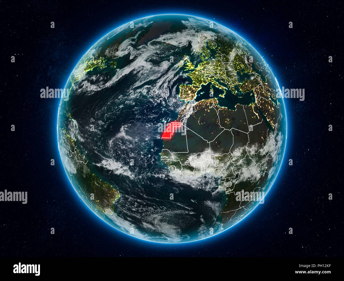 Western Sahara from space on planet Earth at night with visible country ...
