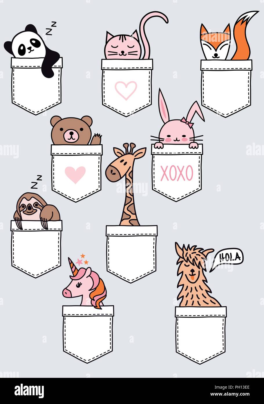 Cute baby animals sitting in a pocket, panda, bear, cat, fox, bunny, sloth, giraffe, unicorn, lama, set of vector design elements Stock Vector