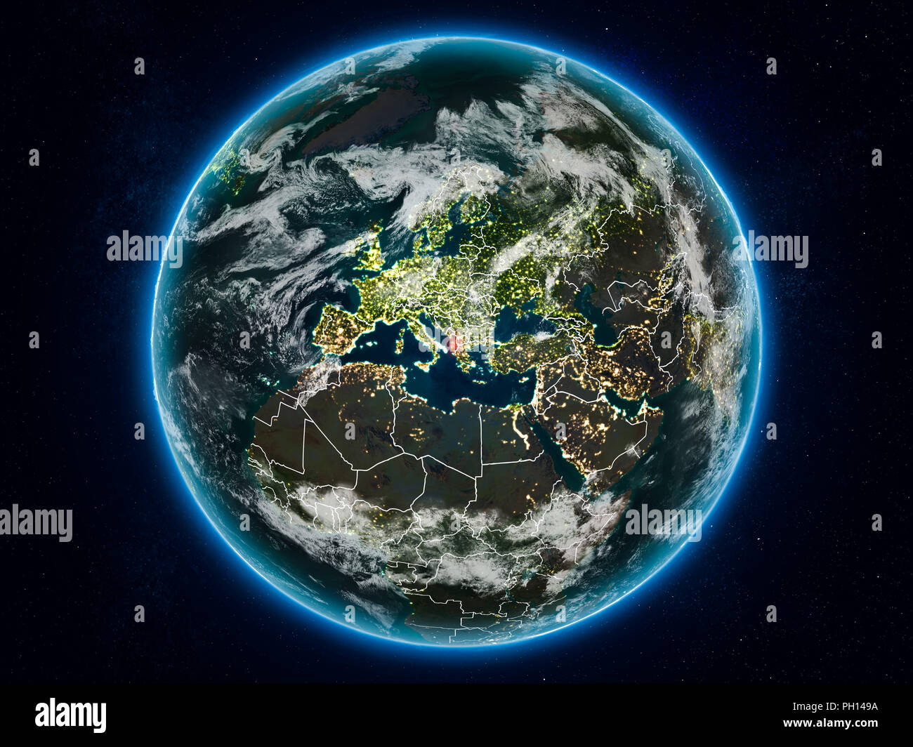 Albania From Space On Planet Earth At Night With Visible Country 