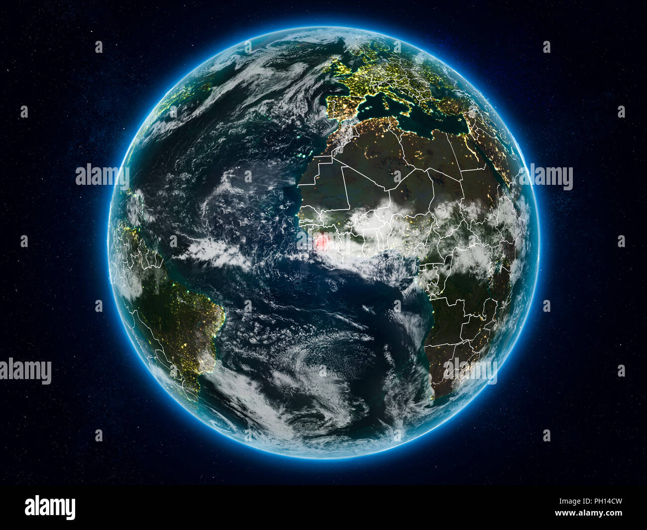 Sierra Leone from space on planet Earth at night with visible country ...