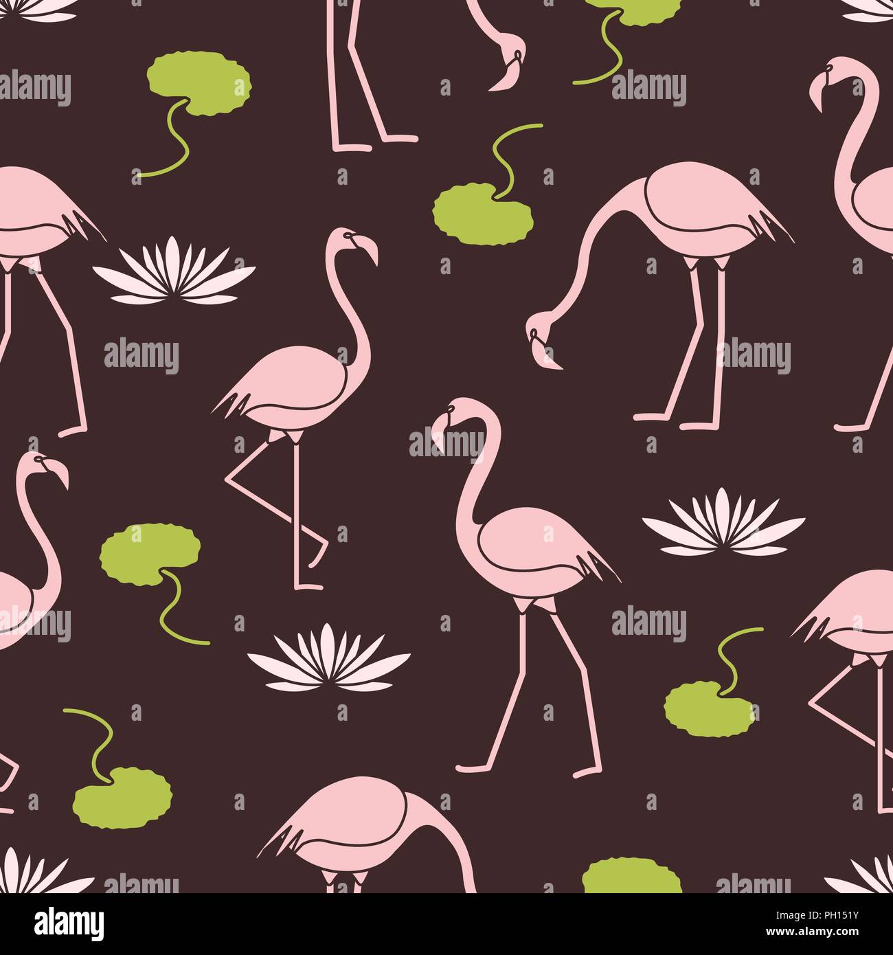 Seamless pattern with flamingo, flowers and leaves water lilies. Design for poster or print. Stock Vector