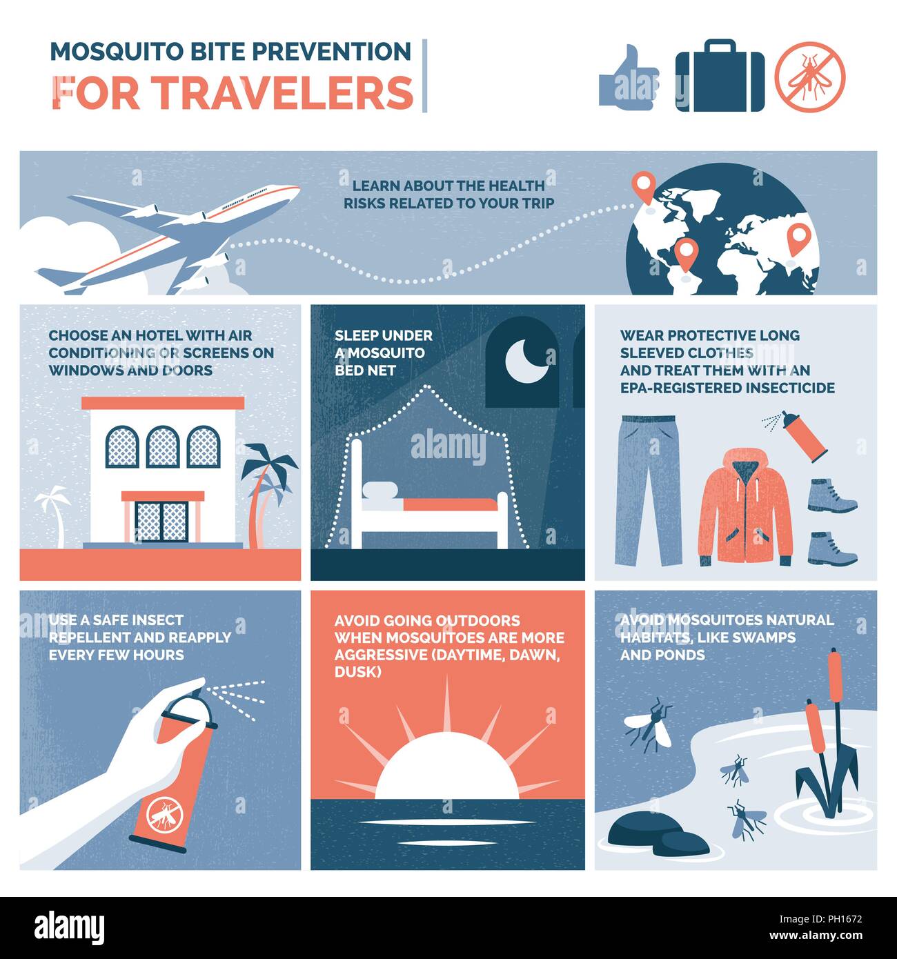 Mosquito bite prevention advices for travelers, vector infographic Stock Vector