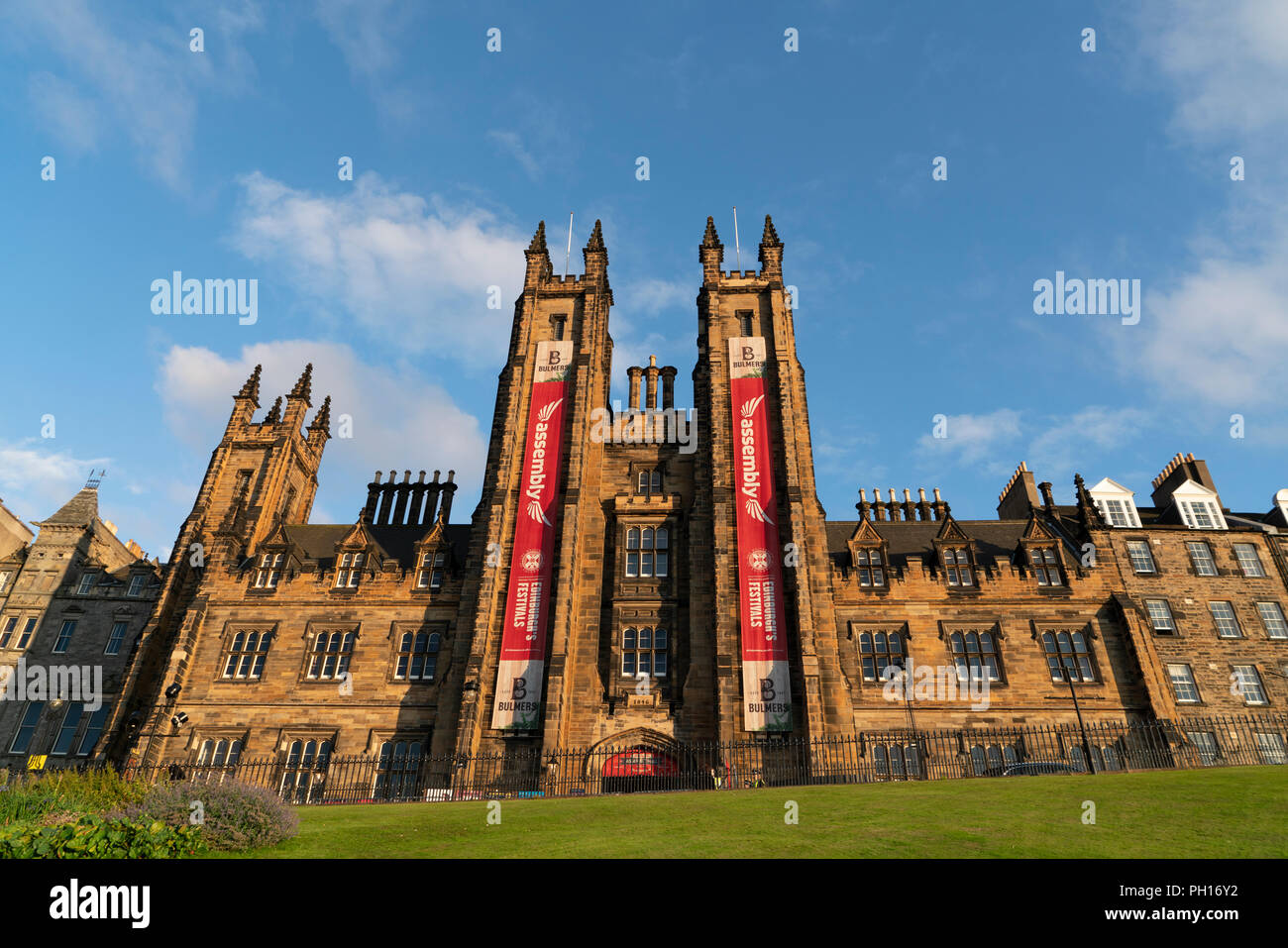 New College part of University of Edinburgh but Assembly Halls venue during Fringe Festival 2018 Stock Photo