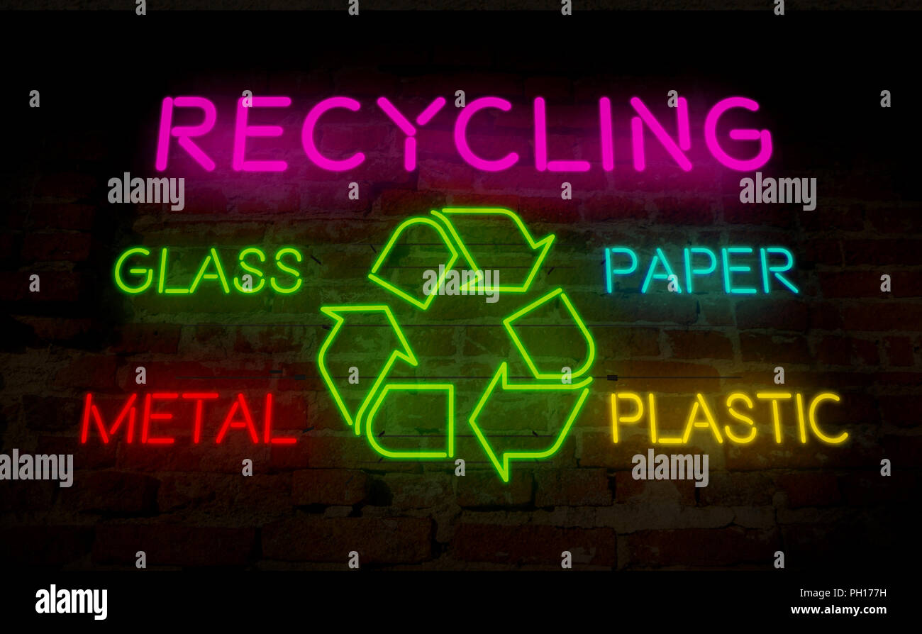 Recycling icon light neon. Electric lettering and symbol on wall ...