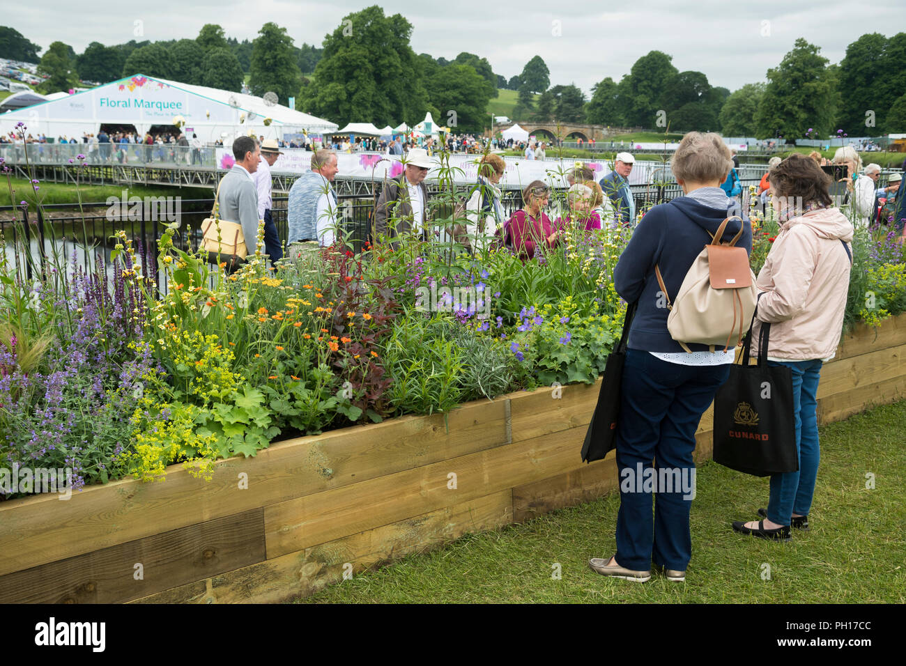 People view flowering plants in raised bed (Long Border competition) at busy rural showground - RHS Chatsworth Flower Show, Derbyshire, England, UK. Stock Photo