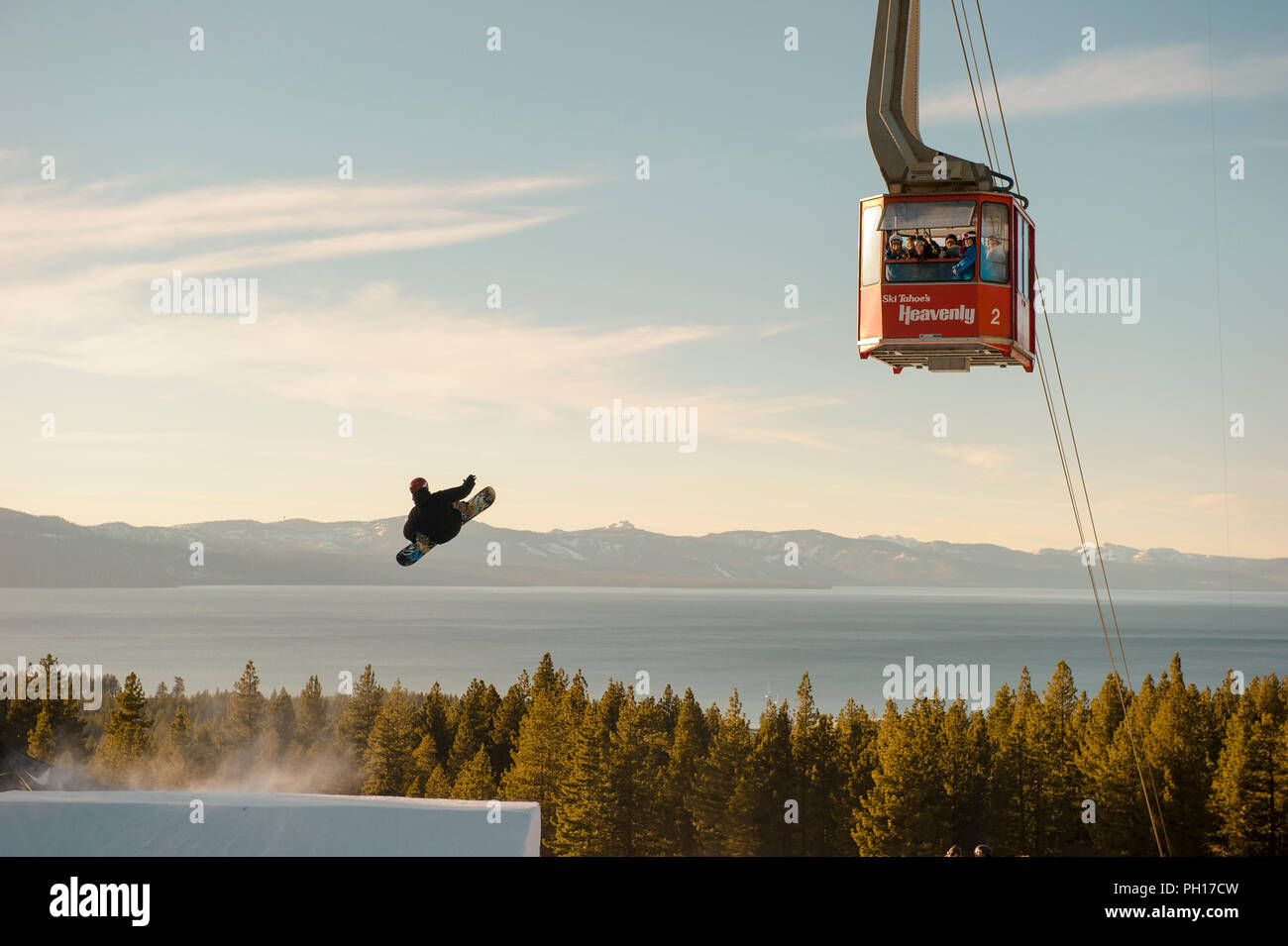 Big Air snowboarding competition at Heavenly Valley Ski Resort in South Lake Tahoe, California, North America Stock Photo