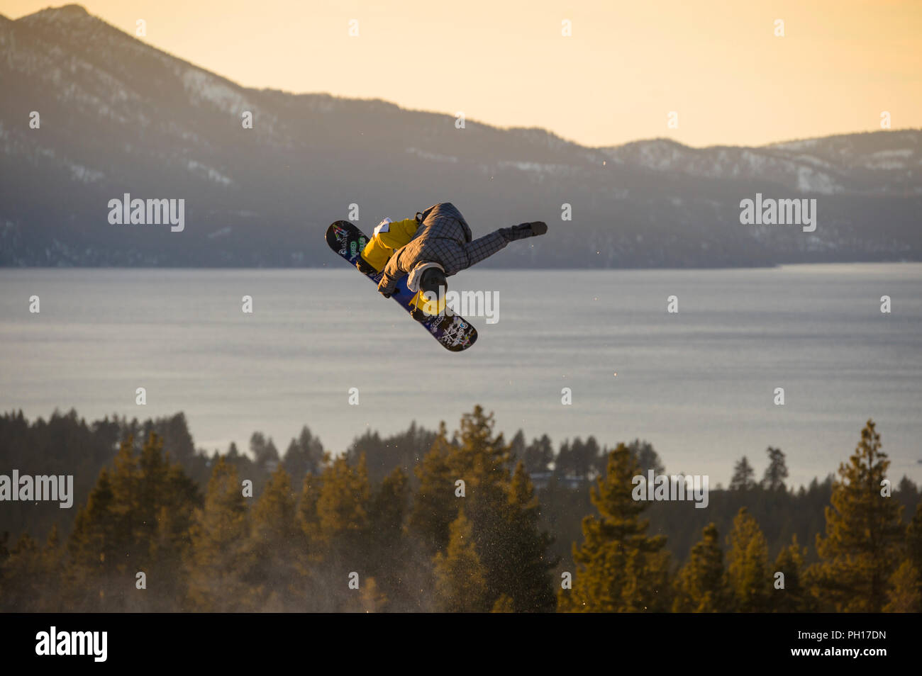 Big Air snowboarding competition at Heavenly Valley Ski Resort in South Lake Tahoe, California, North America Stock Photo