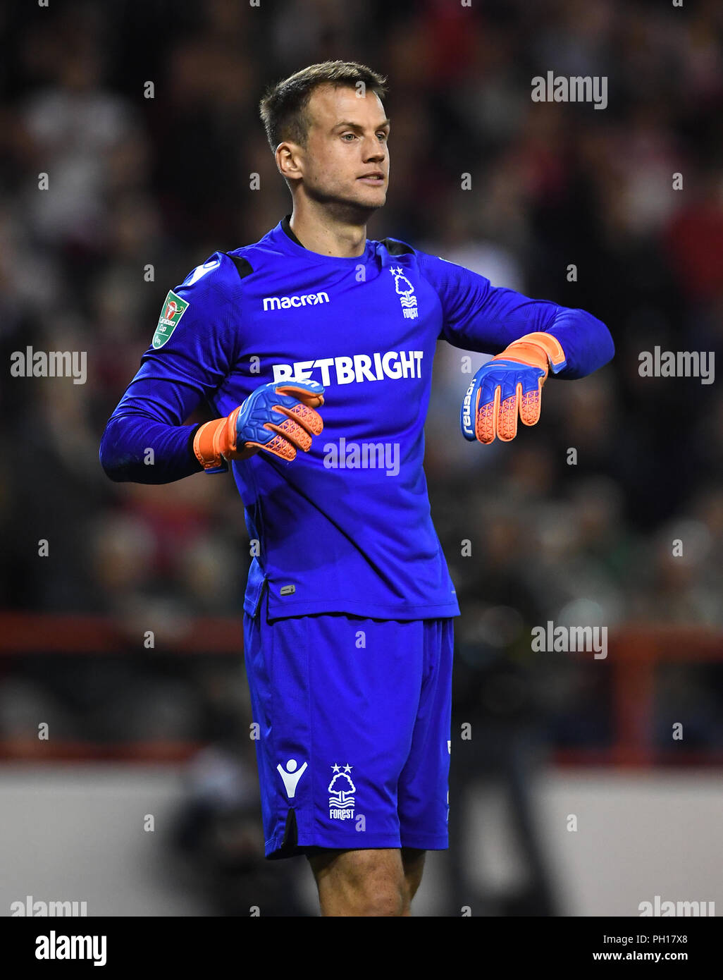 Nottingham Forest goalkeeper Luke Steele (left) celebrates with Ben Osborn  after saving the decisive spot kick in the penalty shoot out during the  Carabao Cup, First Round match at the City Ground,