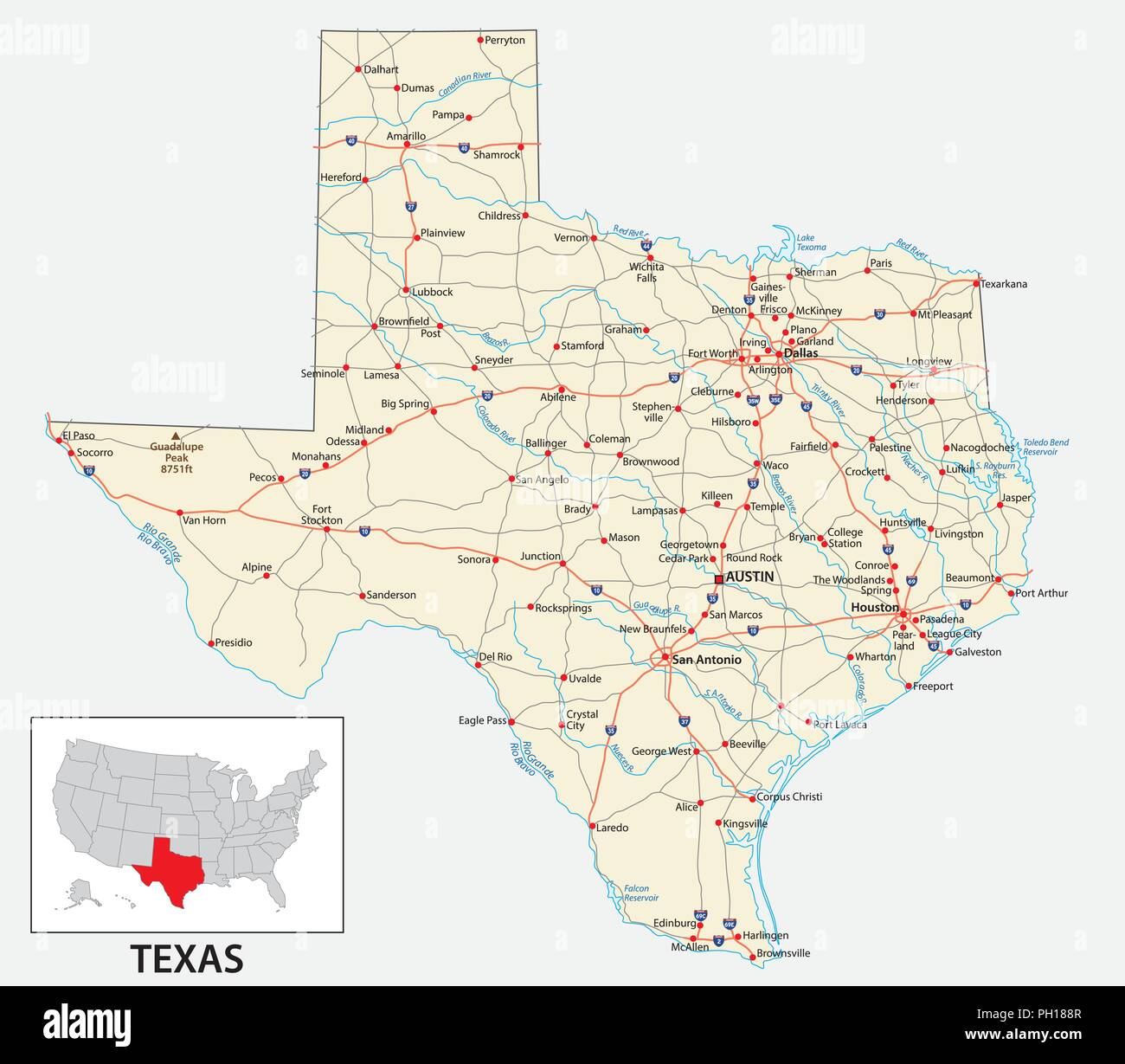 road map of the US American State of Texas. Stock Vector