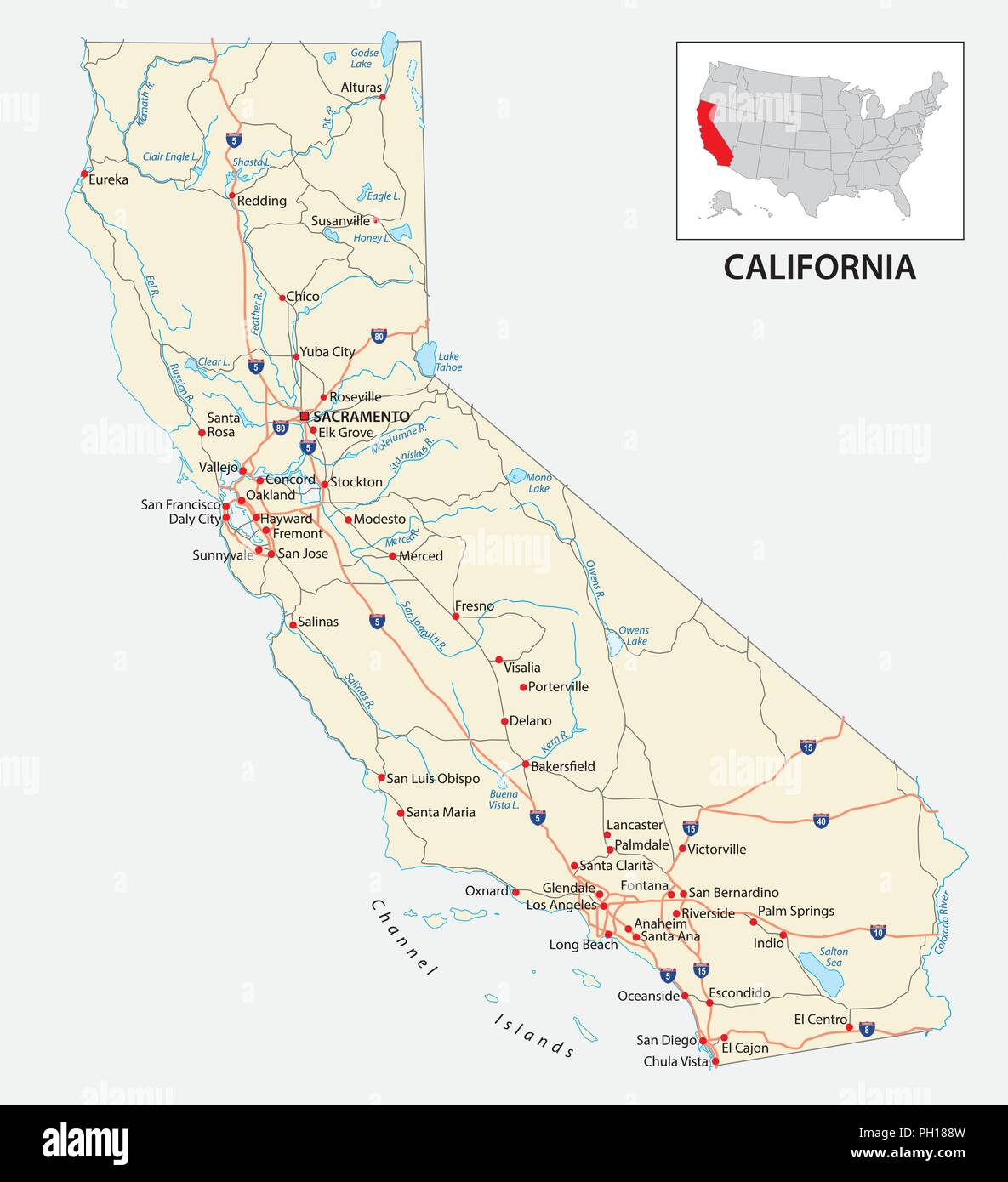 road map of the US American State of California. Stock Vector