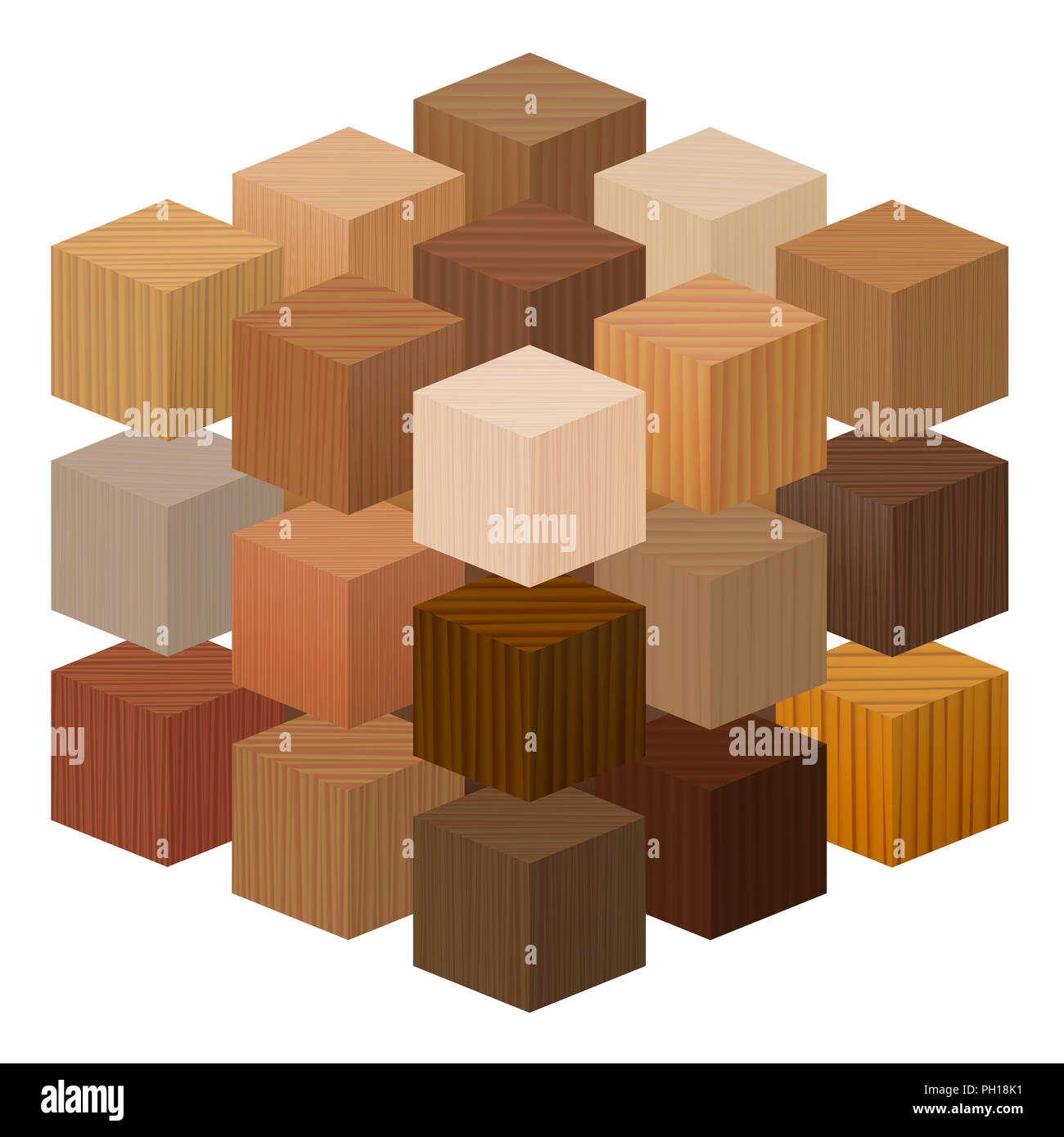 Wooden cubes forming a big artistic carpentry artwork - wood samples with different textures, colors, glazes, from various trees. Stock Photo