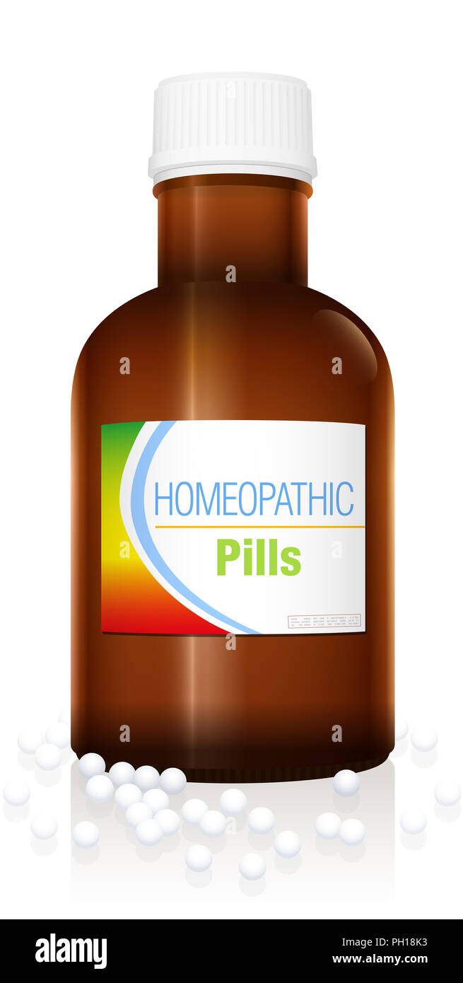 Homeopathic pills. Medicine bottle with white globules for alternative medical treatment. Stock Photo