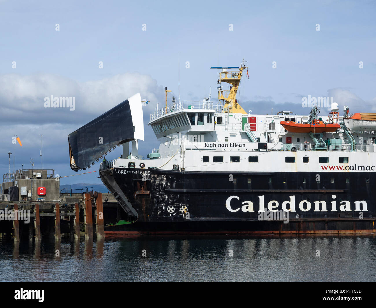 Caledonian MacBrayne ferry 'Lord of the Isles', with bow visor raised, at Mallaig harbour, Lochaber, west coast of Scotland Stock Photo