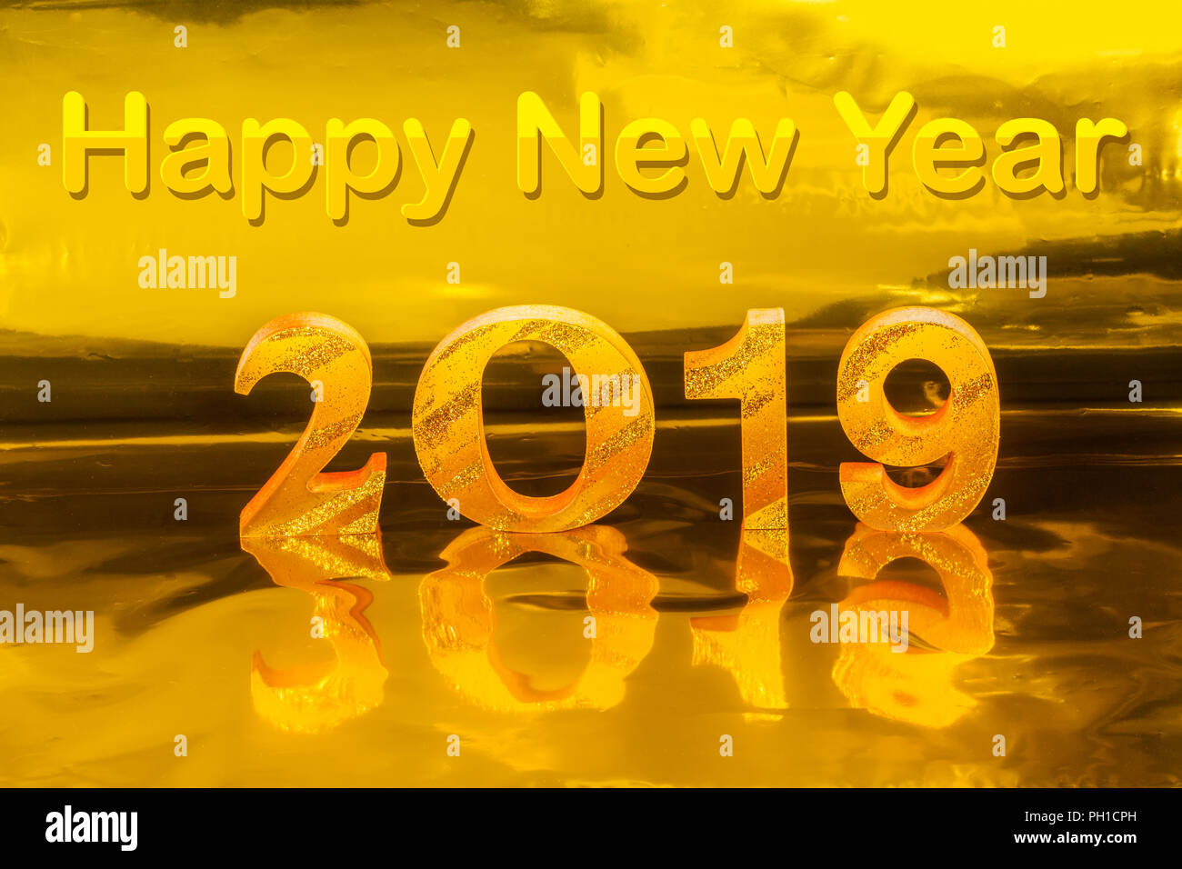 happy new year 2019 with gold writing in golden background is mean the golden year for lucky all year Stock Photo