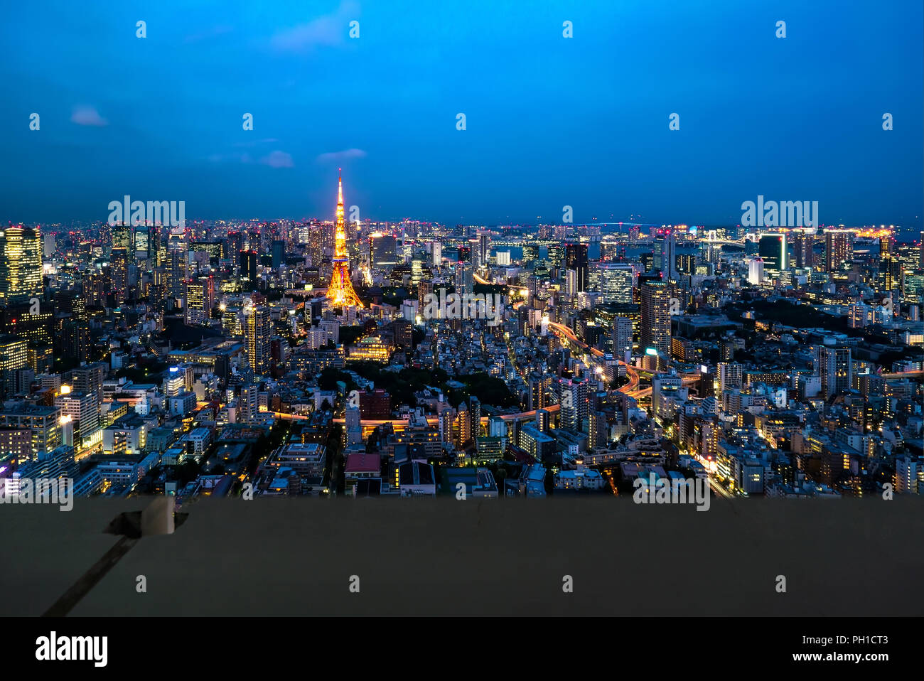 The illuminated Tokyo Tower and the sprawling metropolitan area of ...