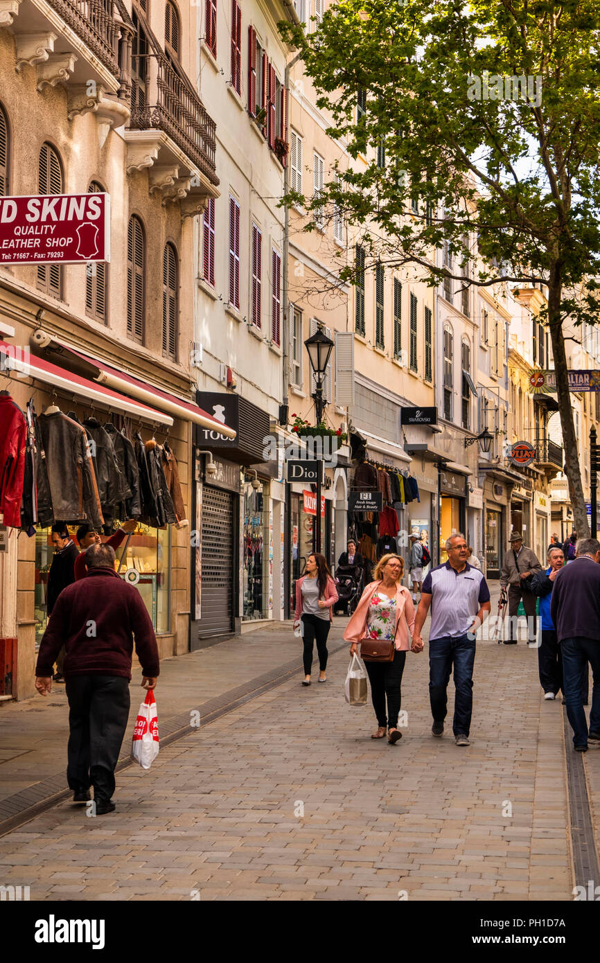 Gibraltar, Main Street, visitors in pedestrianised lane lined with tax free shops Stock Photo