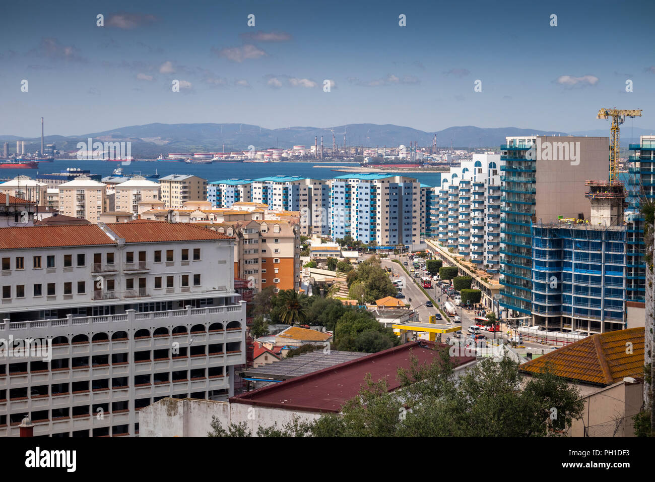 Gibraltar, Waterport Road and city centre skyline, elevated view from