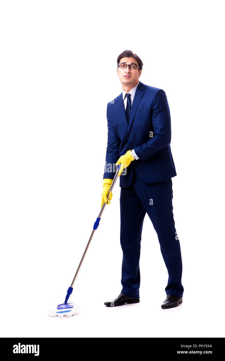 Handsome businessman with the mop isolated on white background Stock Photo