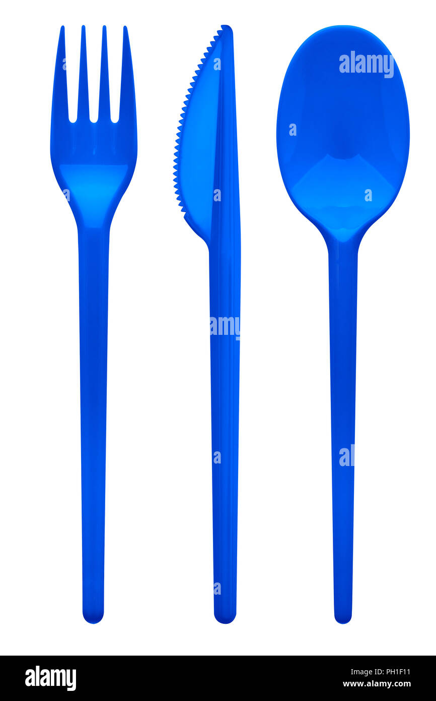 Disposable blue plastic fork, knife, spoon, clipping path, isolated on white background Stock Photo