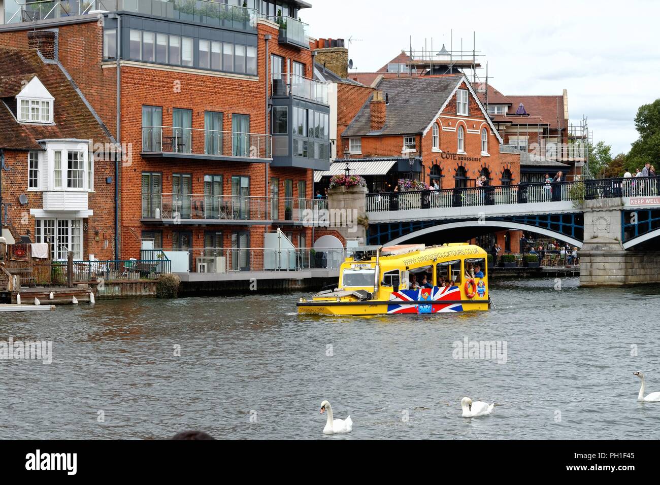 A Windsor Duck Tours amphibious boat on the River Thames at Eton and Windsor Berkshire England UK Stock Photo
