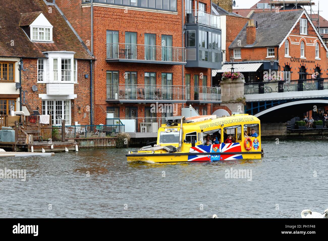 A Windsor Duck Tours amphibious boat on the River Thames at Eton and Windsor Berkshire England