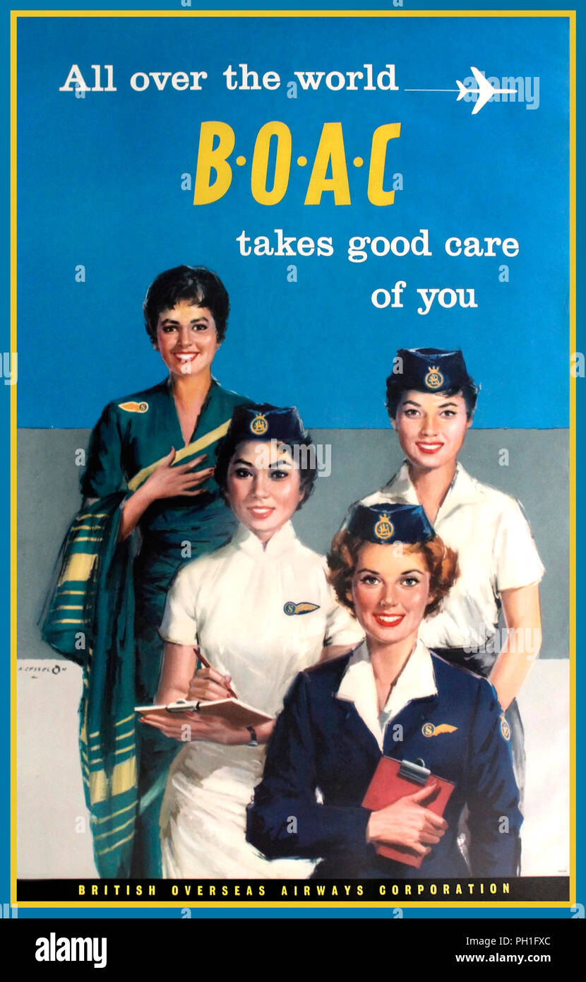 Vintage 1950's UK 'BOAC' Airline travel advertising poster: 'All over the world BOAC takes good care of you'. Artwork by Angelo Cesselono.. Four airline stewardesses wearing different smart uniforms and caps The British Overseas Airways Corporation ..BOAC was the British state airline created in 1940-1946 as the result of a merger, introducing the world's first passenger jets to its service in 1952 and merging again in 1971-1974 to create British Airways Stock Photo