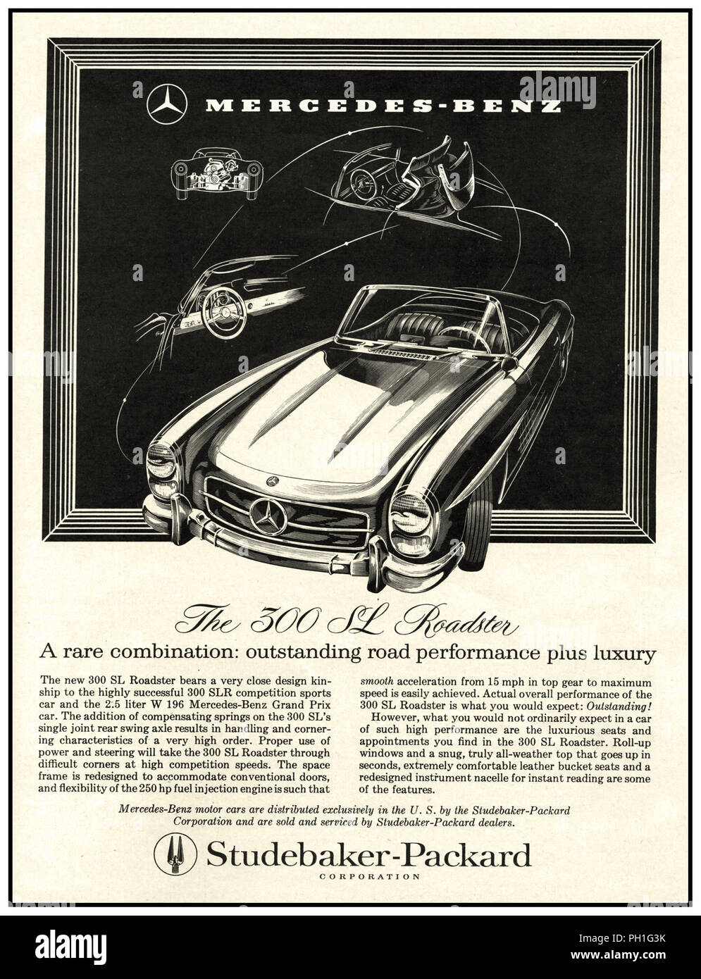 Vintage 1957 Mercedes-Benz luxury 300 SL Roadster 1957 Advertisement imported distributed serviced and sold by Studebaker-Packard Corporation Stock Photo