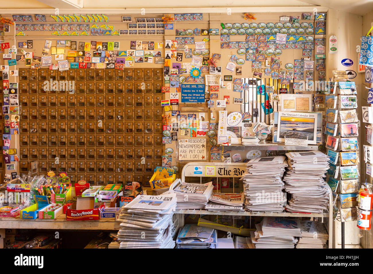 A post office and goods for sale inside historic Alley's General Store, established in 1858, in West Tisbury, Massachusetts on Martha's Vineyard. Stock Photo