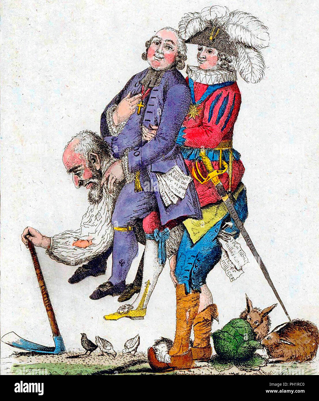 'You should hope that this game will be over soon.' The Third Estate carrying the Clergy and the Nobility on its back. France, 1789 Stock Photo
