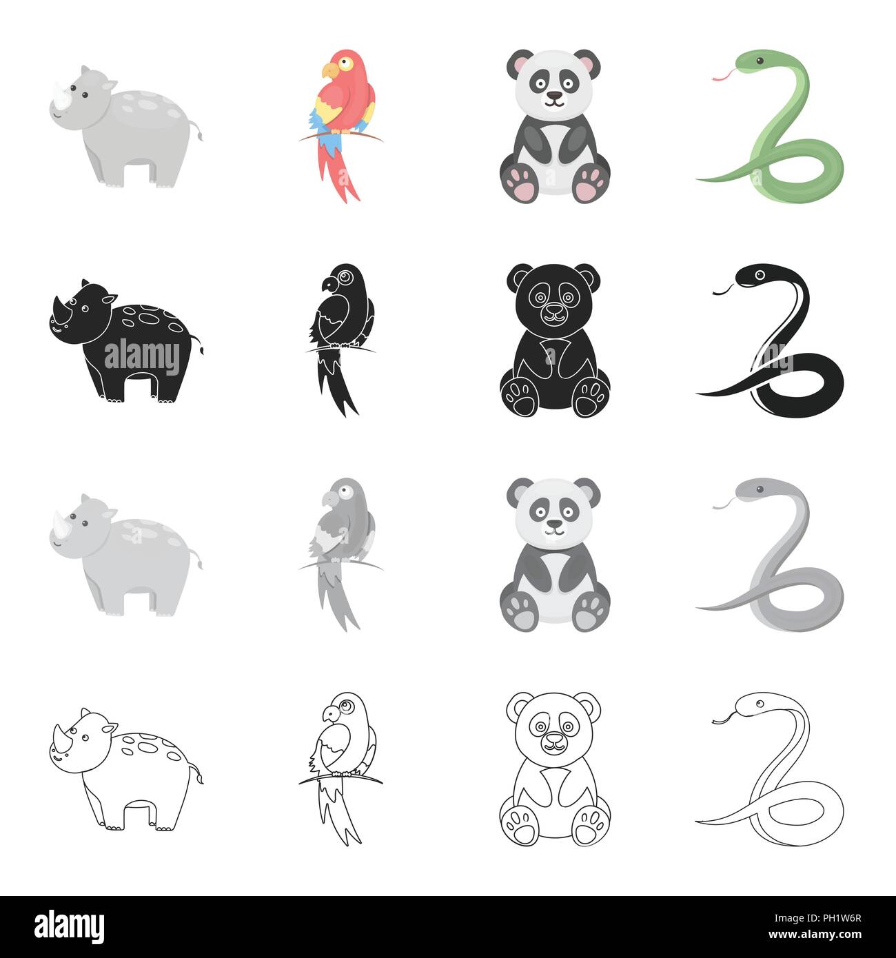 Animal hippopotamus, bamboo bear koala, parrot, poisonous snake. Animals set collection icons in