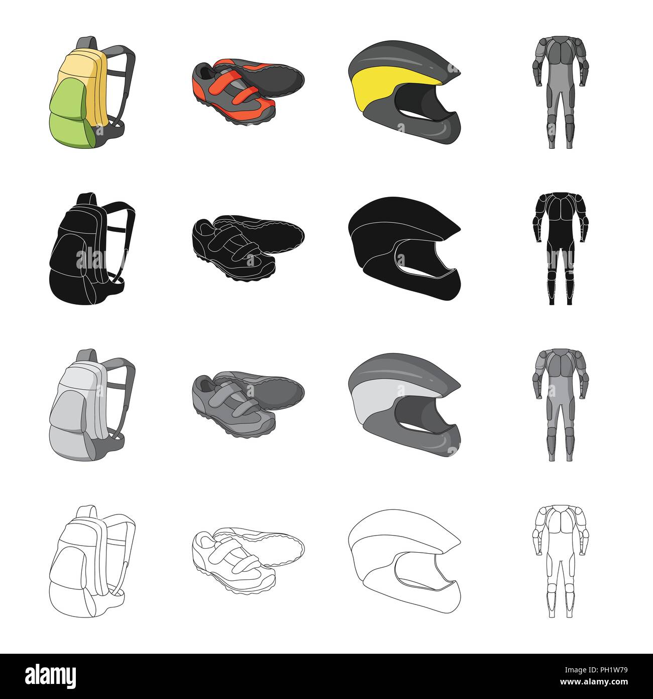 Bicycle outfit cartoon black monochrome outline icons in set collection Bicycle outfit cartoon black monochrome outline icons in set collection